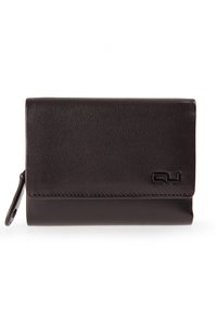Brown leather wallet with a textured surface, zippered pocket on the side, and embossed logo on the front. Compact and rectangular design.