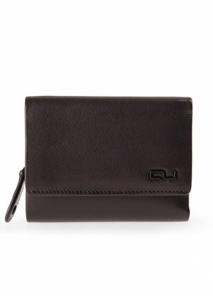 Brown leather wallet with a textured surface, zippered pocket on the side, and embossed logo on the front. Compact and rectangular design.