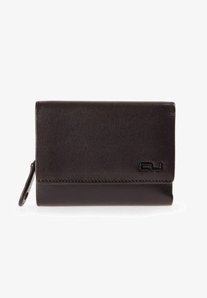 Brown leather wallet with a textured surface, zippered pocket on the side, and embossed logo on the front. Compact and rectangular design.