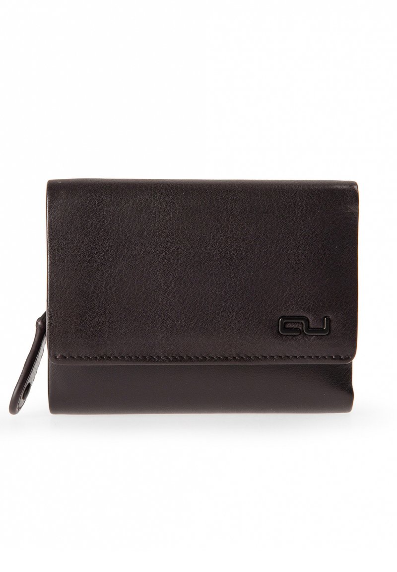 Brown leather wallet with a textured surface, zippered pocket on the side, and embossed logo on the front. Compact and rectangular design.