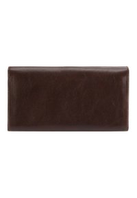 Bruine leren portemonnee met een gladde oppervlakte en rechthoekige vorm. Geen zichtbare hardware of accenten; minimalistisch ontwerp.