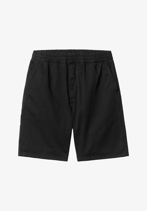 Pantalones cortos casuales negros con cintura elástica y bolsillos laterales, de longitud hasta la rodilla, hechos de una tela suave y ligera.