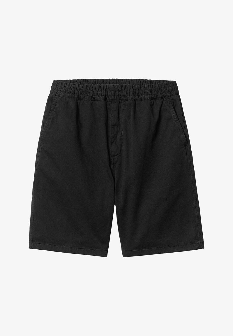 Shorts noirs décontractés avec ceinture élastique et poches latérales, longueur genou, réalisés en tissu doux et léger.