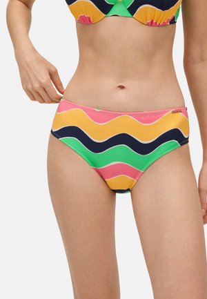 Parte de abajo de bikini con patrones ondulados en rosa, amarillo, verde y azul marino. Hecha de una tela suave con un ajuste cómodo y costuras cosidas.