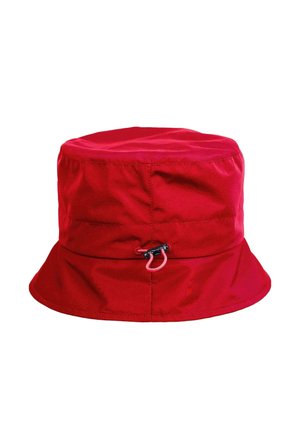 Red bucket hat with adjustable black and red cord lock on the side, made of smooth fabric.