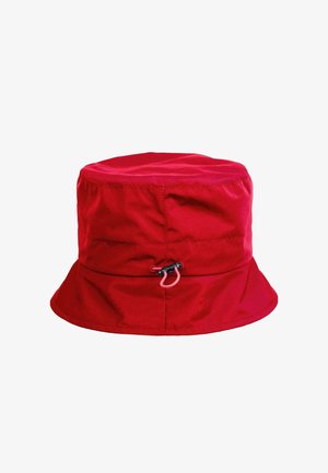 Red bucket hat with adjustable black and red cord lock on the side, made of smooth fabric.