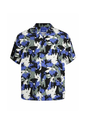 Chemise à manches courtes avec un motif floral en bleu, blanc et noir sur un fond vert, dotée d'un col camping et d'une fermeture à boutons.
