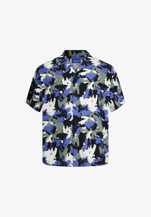 Chemise à manches courtes avec un motif floral en bleu, blanc et noir sur un fond vert, dotée d'un col camping et d'une fermeture à boutons.