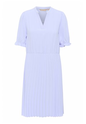 Svetlofialová skladajúca sa šaty s krátkymi vyp puff sleeves, výstrihom do V a elastickým pásom pre štruktúrovaný, ale zároveň ležérny vzhľad.