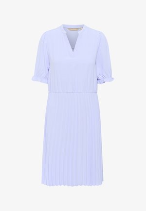 Svetlofialová skladajúca sa šaty s krátkymi vyp puff sleeves, výstrihom do V a elastickým pásom pre štruktúrovaný, ale zároveň ležérny vzhľad.