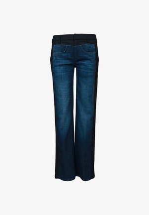 Jeans a gamba larga in denim blu scuro con pannelli laterali neri a contrasto, cinque tasche e passanti per cintura in vita.