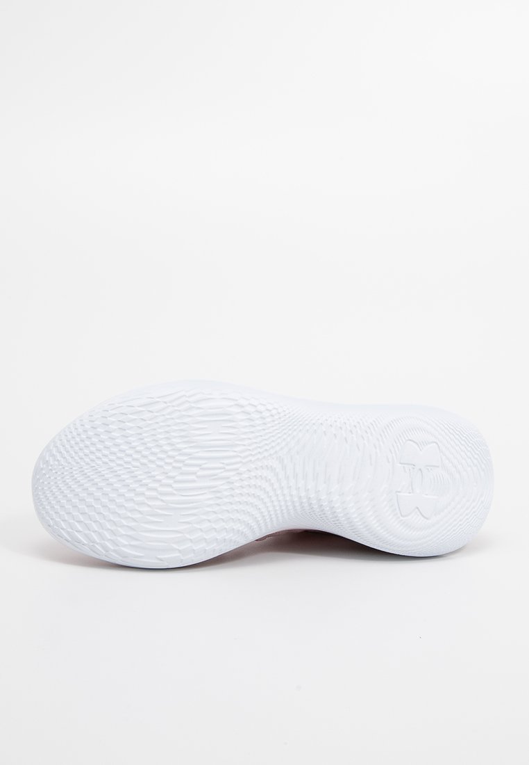 Suela de zapatilla deportiva blanca con un patrón texturizado y una marca distintiva. Material de goma suave con forma curva.