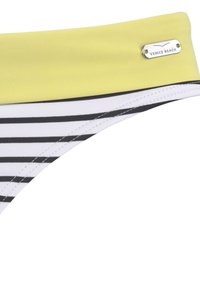 Bikini ondergoed met een gele tailleband, voorzien van zwart-witte horizontale strepen, en een zilveren label met de opdruk "VENICE BEACH."