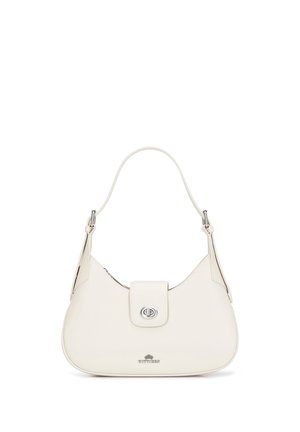 Witte leren schoudertas met een korte handgreep, zilveren draaiklinksluiting en een klein metalen logo aan de onderkant van de voorkant.