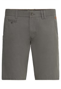 Gray cotton shorts with a smooth texture, featuring a front button closure, side pockets, and a small logo accent.