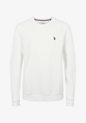 Bílá mikina s kulatým výstřihem vyrobená z texturované látky, s malým černým vyšívaným logem na hrudi a žebrovanými manžetami a lemem.