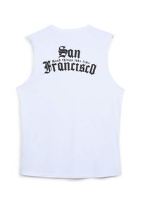 T-shirt bianco senza maniche con bold testo nero sul retro che recita "San Francisco" e "Le cose belle richiedono tempo." Tessuto morbido.
