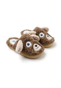 Pantofole morbide marroni con facce di cane, grandi occhi, orecchie flosce e suole beige, progettate per il comfort interno.