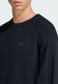 Sweater preto de malha com gola redonda canelada, design de cabos texturizados nas mangas e um pequeno logo preto no peito.