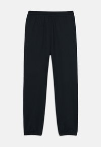 Black athletic pants made of soft fabric, featuring an elastic waistband, tapered legs, and no visible patterns or hardware.