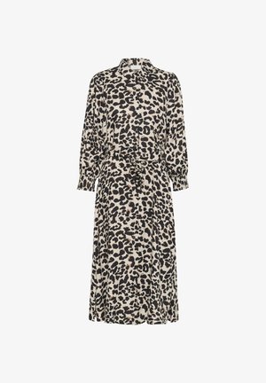 Leopard print dress in beige and black, featuring a buttoned collar, long sleeves, and a tied waist for adjustable fit. Smooth fabric.