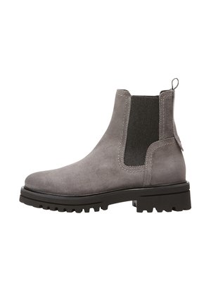 Gray suede Chelsea boot with elastic side panels, a pull tab, and a chunky rubber sole featuring deep grooves for traction.