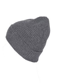 Grijze gebreide beanie muts met een tapervorm, geribbelde textuur en een omgeslagen boord. Gemaakt van een zachte wolblend voor warmte.
