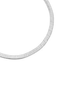Zilveren slangenketting, samengesteld uit flexibele metalen schakels die een glad, rond ontwerp vormen met een glanzende afwerking.