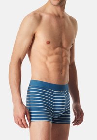 Boxer da uomo a maniche corte a righe blu e bianche con una morbida cintura elastica, dotati di tasca frontale e forma aderente. Tessuto dalla texture liscia.
