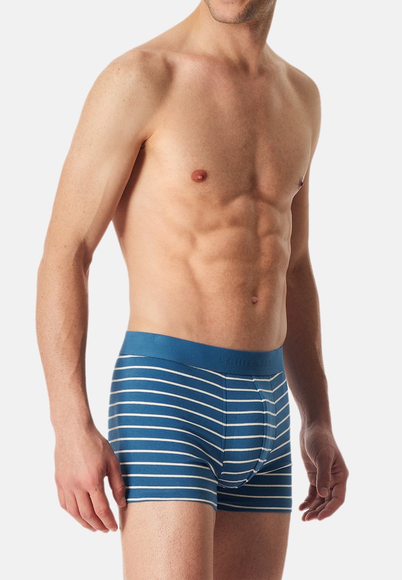 Boxer da uomo a maniche corte a righe blu e bianche con una morbida cintura elastica, dotati di tasca frontale e forma aderente. Tessuto dalla texture liscia.