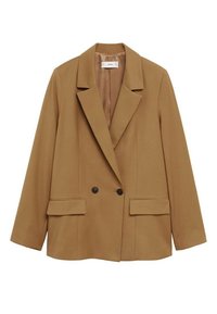 Blazer féminin marron croisé avec revers crantés, deux poches à rabat à l'avant, manches longues et boutons noirs.