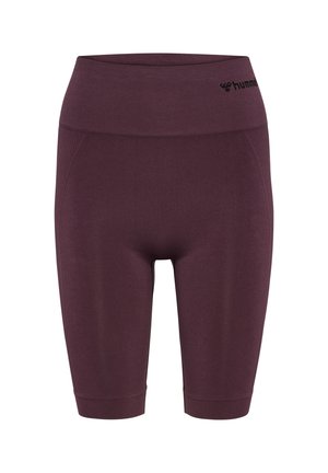 Burgunderfarbene Sportshorts mit breitem Bund, aus dehnbarem Material, mit seitlichen Einsätzen und einem Logo am Bund.