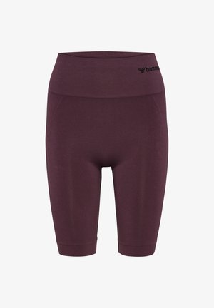 Burgundy idrottsshorts med en bred midja, tillverkade av stretchigt tyg, med sidopaneler och en logotyp på midjan.