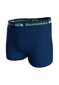 Bokserki męskie, granatowa tkanina, z zielono-niebieskim elastycznym pasem z nadrukiem "Seahawks" i logo. Gładka tekstura.