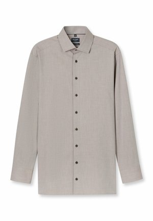Hellbeiges Langarmhemd aus strukturiertem Stoff, mit durchgehender Knopfleiste mit dunklen Knöpfen, klassischem Kragen und gerade geschnittenem Saum.