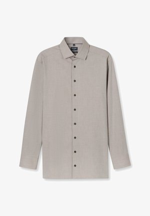 Hellbeiges Langarmhemd aus strukturiertem Stoff, mit durchgehender Knopfleiste mit dunklen Knöpfen, klassischem Kragen und gerade geschnittenem Saum.