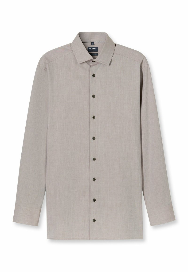 Hellbeiges Langarmhemd aus strukturiertem Stoff, mit durchgehender Knopfleiste mit dunklen Knöpfen, klassischem Kragen und gerade geschnittenem Saum.