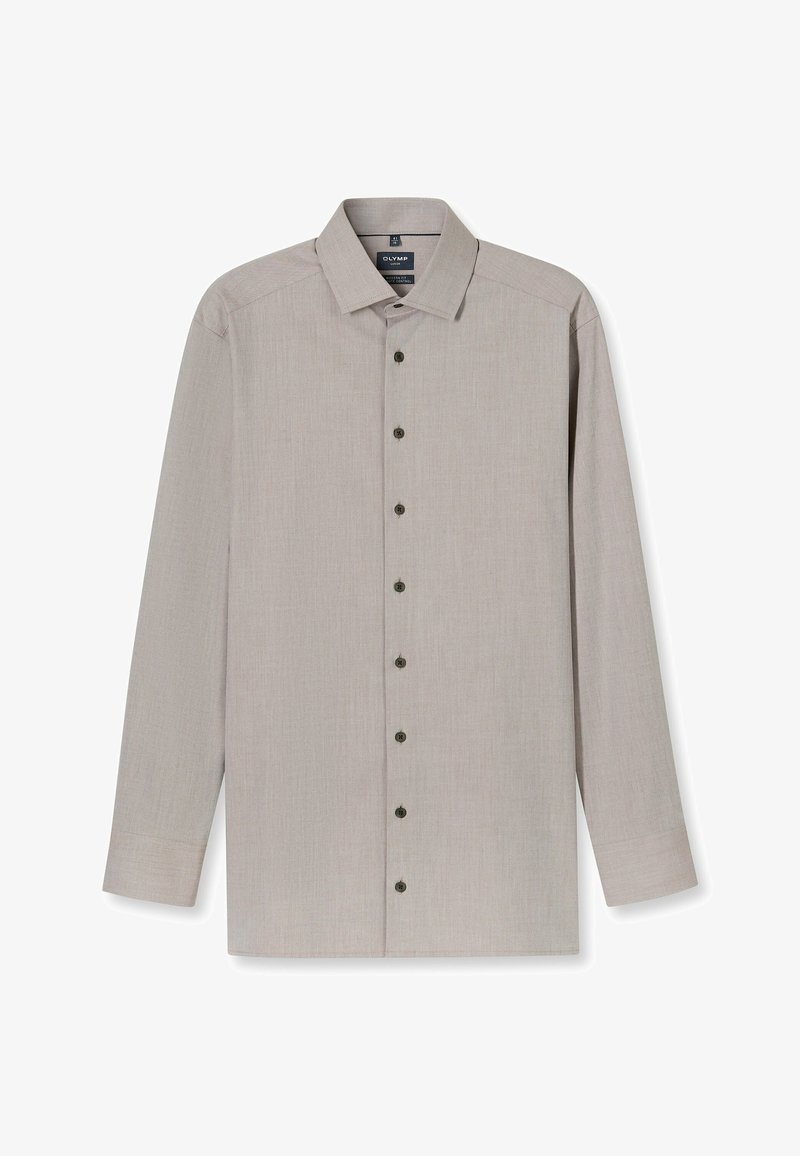 Hellbeiges Langarmhemd aus strukturiertem Stoff, mit durchgehender Knopfleiste mit dunklen Knöpfen, klassischem Kragen und gerade geschnittenem Saum.