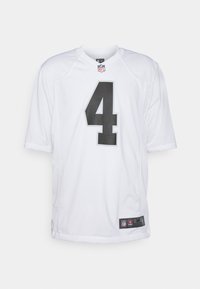 Camiseta blanca de la NFL con el número 4 negro en el frente, de mangas cortas, y logos de la NFL y Nike en el cuello y el dobladillo inferior.