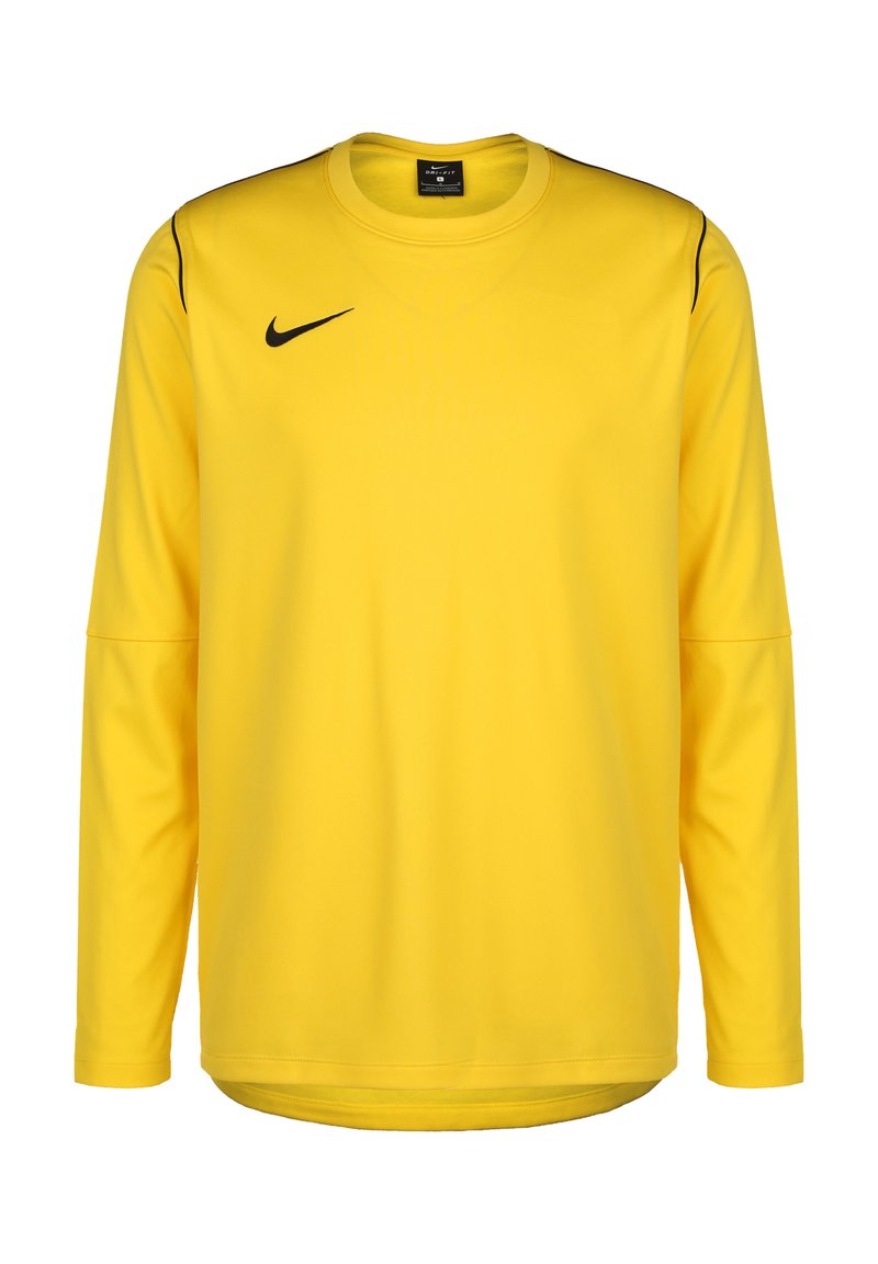 Langärmliges, gelbes Sportshirt aus leichtem Stoff mit Rundhalsausschnitt, schwarzem Nike-Logo auf der Brust und kontrastierenden Schulterstreifen.