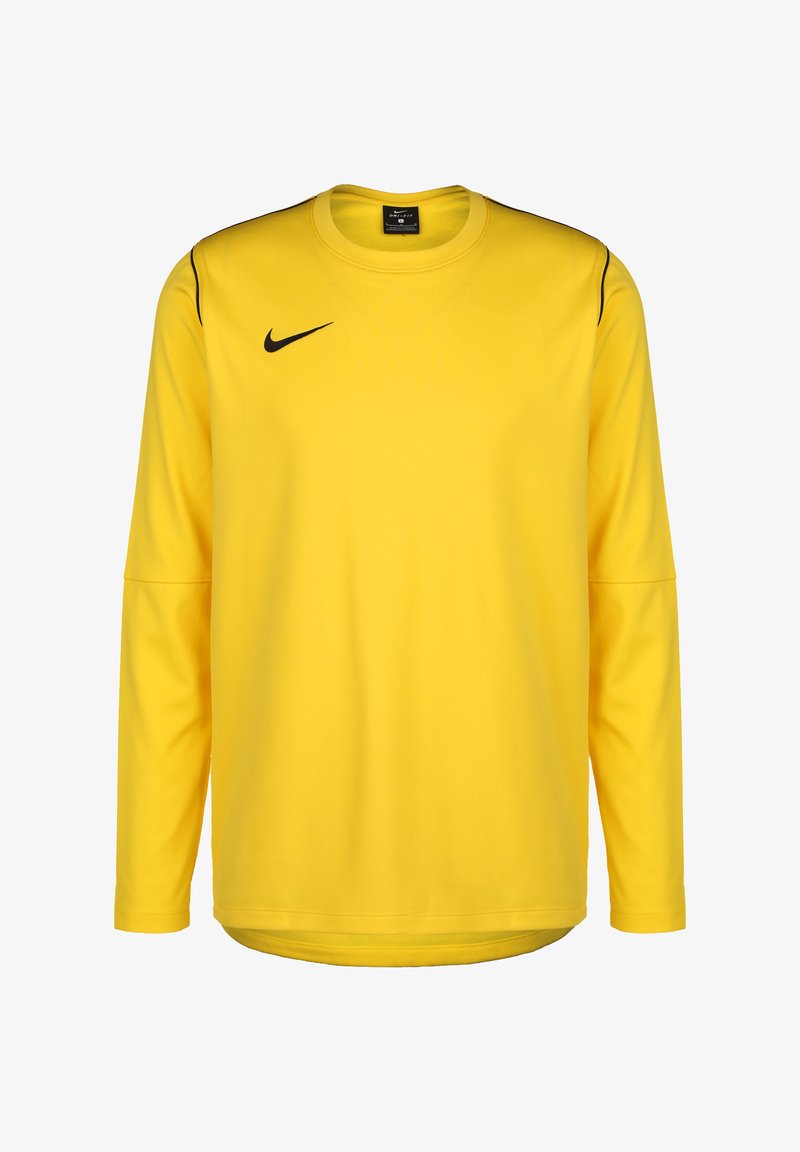 Langarmige gele sportshirt van lichtgewicht stof met een ronde hals, zwart Nike-logo op de borst en contrasterende schouderstrepen.