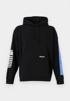 Must kapuutsiga dressipluus ees tasku ja nööriga kapuuts, "huf" logo taskul, graafika vasakul varrukal, sinine tekstiribaga paremal varrukal.