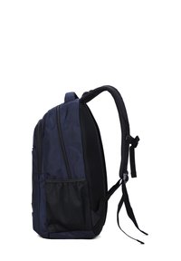 Sac à dos bleu marine avec un tissu texturé, deux grands compartiments, des bretelles rembourrées et une poche latérale en mesh pour les bouteilles.