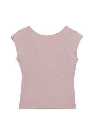 Haut à manches courtes en tissu côtelé rose clair avec un col rond et un design légèrement fuselé. Texture lisse, sans motifs ni accents visibles.