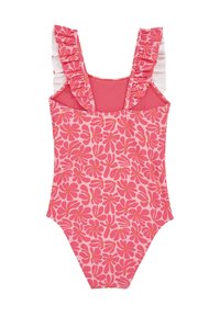 Rozā ziedu viengabala peldkostīms ar viļņainām plecu siksnām, ziedu rakstu un vienkrāsainu rozā oderi. Gluda auduma tekstūra.