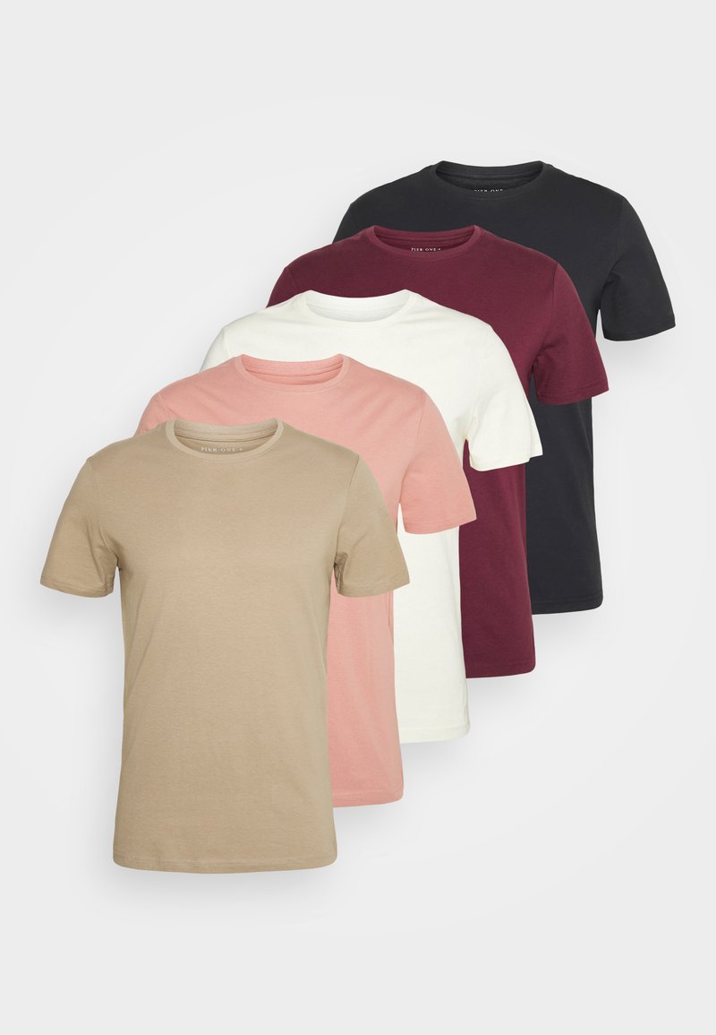 Conjunto de cinco camisetas de manga corta en beige, rosa, blanco, burdeos y negro. Tejido de algodón suave con diseño de cuello redondo.
