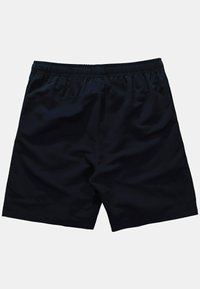 Marineblauwe zwembroek met een elastische tailleband, gemaakt van lichtgewicht materiaal, met een gladde textuur en een eenvoudig ontwerp.