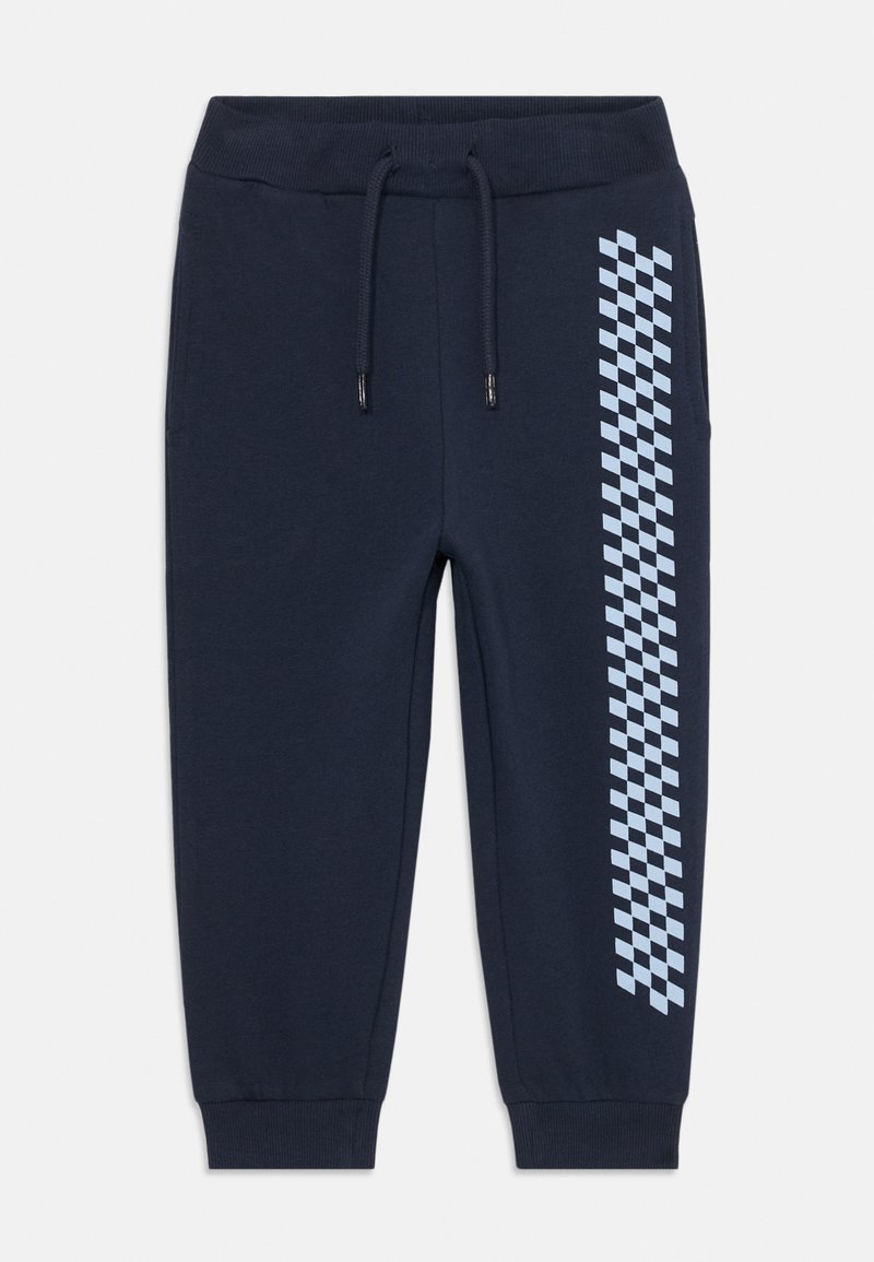Pantalones de chándal azul marino de tejido suave con una cinturilla elástica, que presentan un patrón a cuadros en azul claro a lo largo del lado exterior.