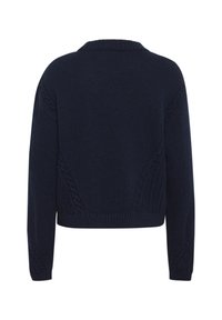 Navy knitted sweater featuring a cropped design, ribbed neckline, and intricate cable knit detailing along the sleeves and sides.