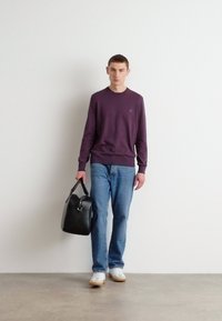 Felpa viola a maniche lunghe, jeans azzurri chiari e sneakers bianche. Tiene una borsa in pelle nera con accessori in argento. Design semplice.